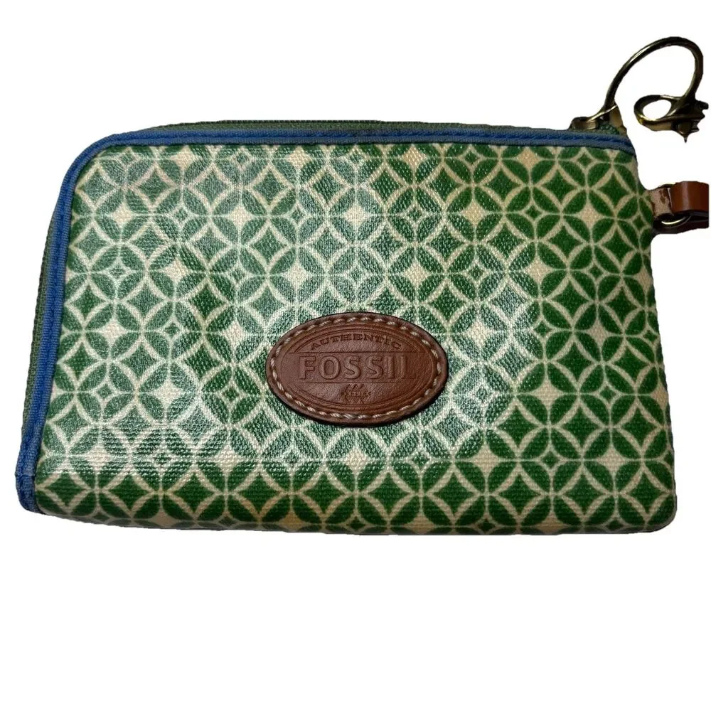 Fossil Wristlet Wallet PVC Coated Canvas Zip Around Green Blue Diamond print